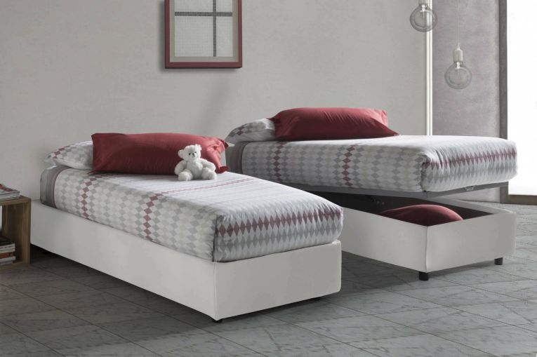 Letto singolo Serena, Letto contenitore con rivestimento in ecopelle, 100% Made in Italy, Apertura frontale, adatto per materasso Cm 90x190, Bianco