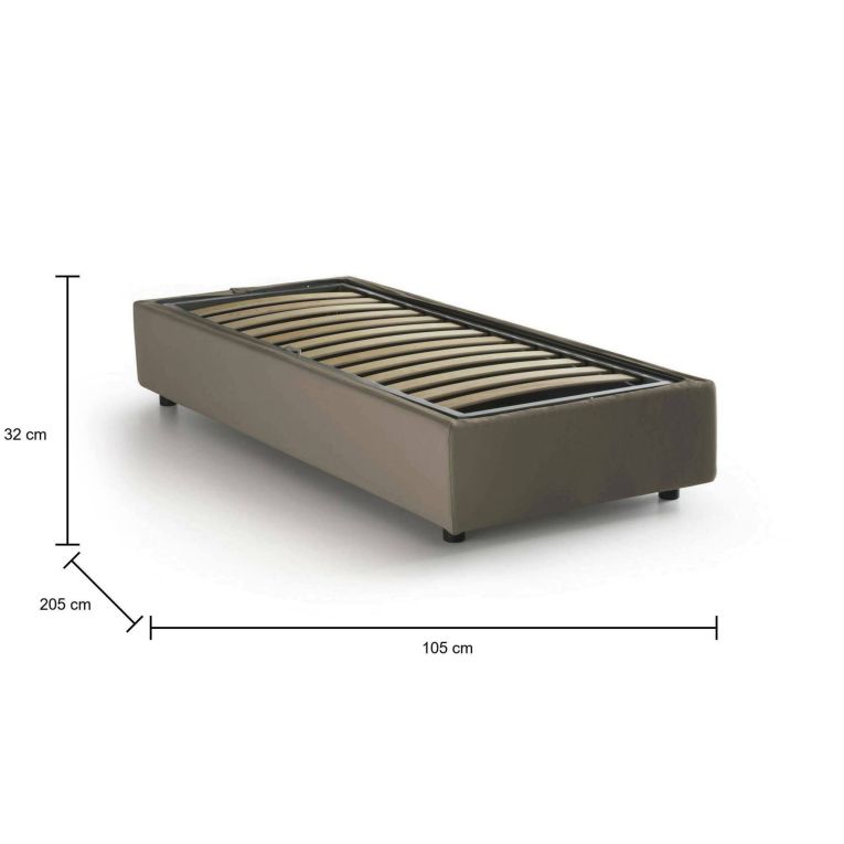 Letto singolo Serena, Letto contenitore con rivestimento in ecopelle, 100% Made in Italy, Apertura frontale, adatto per materasso Cm 90x190, Tortora