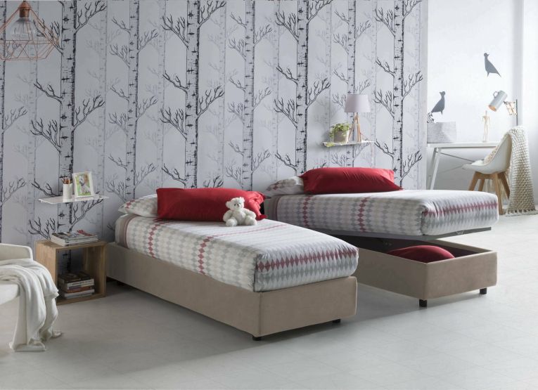 Letto singolo Sophia, Letto contenitore con rivestimento in tessuto, 100% Made in Italy, Apertura frontale, con materasso Cm 90x190 incluso, Tortora