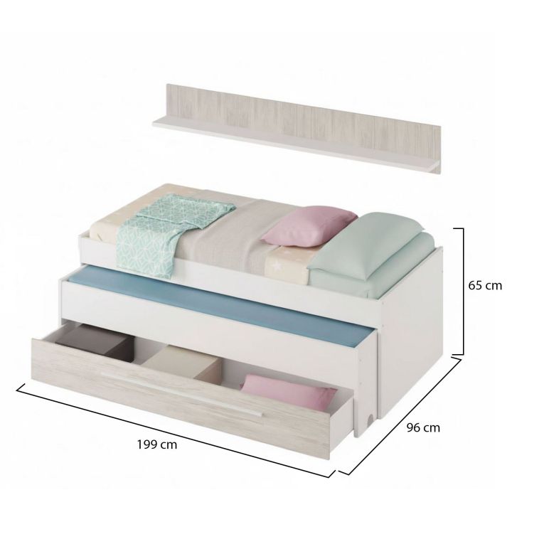 Letto singolo Sunnyvale, Struttura letto per cameretta, Letto singolo con lettino estraibile e cassettone e mensola abbinata, 199x96h65 cm, Bianco