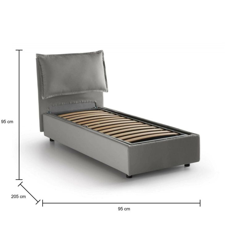 Letto singolo Vanessa, Letto contenitore con rivestimento in tessuto, 100% Made in Italy, Apertura frontale, adatto per materasso Cm 80x190, Grigio