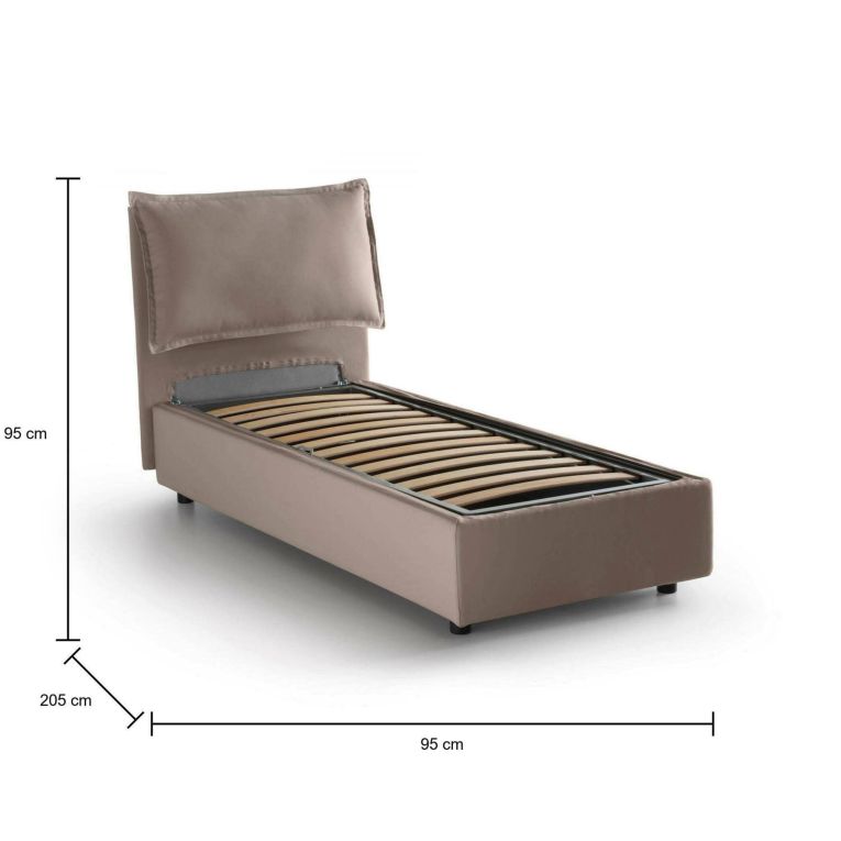 Letto singolo Vanessa, Letto contenitore con rivestimento in tessuto, 100% Made in Italy, Apertura frontale, adatto per materasso Cm 80x190, Tortora