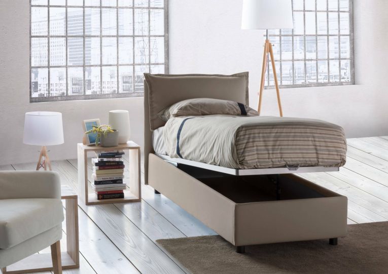 Letto singolo Vanessa, Letto contenitore con rivestimento in tessuto, 100% Made in Italy, Apertura frontale, adatto per materasso Cm 80x190, Tortora