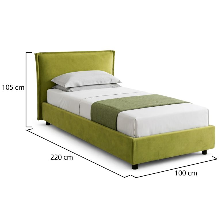 Letto Singolo Verde Sfoderabile Contenitore, Dimensione Materasso 80x200 cm Made in Italy - Bruino