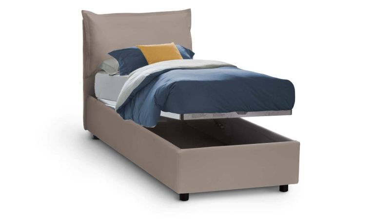 Letto singolo Victoria, Letto contenitore con rivestimento in ecopelle, 100% Made in Italy, Apertura frontale, con materasso Cm 80x190 incluso, Tortora