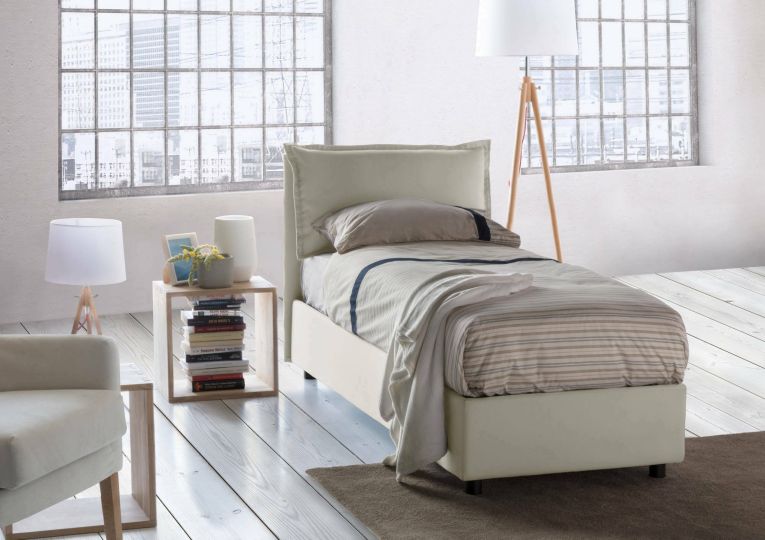 Letto singolo Zusanne, Letto contenitore con rivestimento in tessuto, 100% Made in Italy, Apertura frontale, adatto per materasso Cm 90x190, Beige