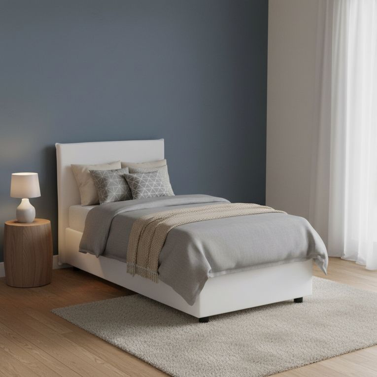 Letto una piazza contenitore bianco 105x205cm rivestimento in ecopelle - Bernarda