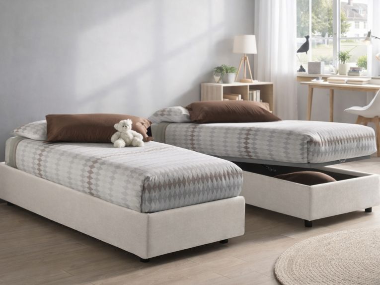 Letto una piazza contenitore bianco 95x215cm rivestimento in tessuto - Avova