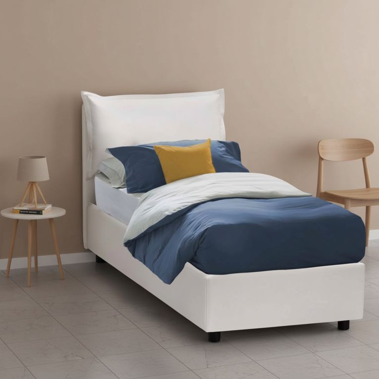 Letto una piazza contenitore bianco 95x215cm rivestito in ecopelle - Delhi