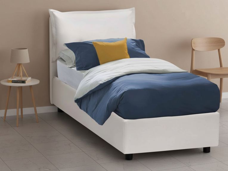 Letto una piazza contenitore bianco 95x215cm rivestito in ecopelle - Delhi