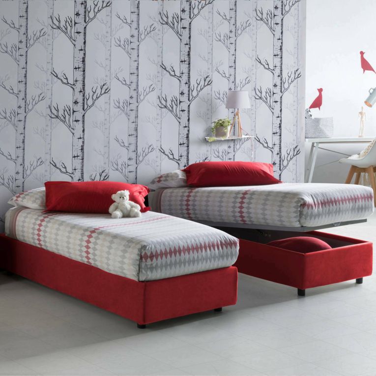 Letto una piazza contenitore rosso 95x215cm sfoderabile - Ava