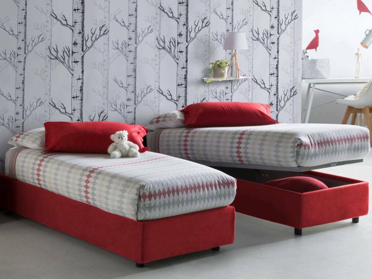 Letto una piazza contenitore rosso 95x215cm sfoderabile - Ava
