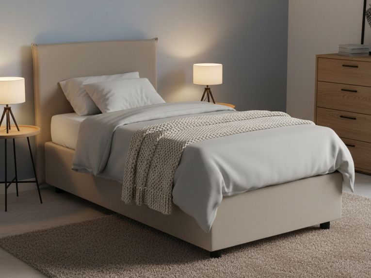 Letto una piazza contenitore tortora 105x205cm rivestimento in ecopelle - Bernarda