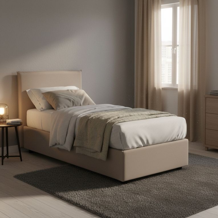 Letto una piazza contenitore tortora 105x215cm rivestimento in tessuto - Alison