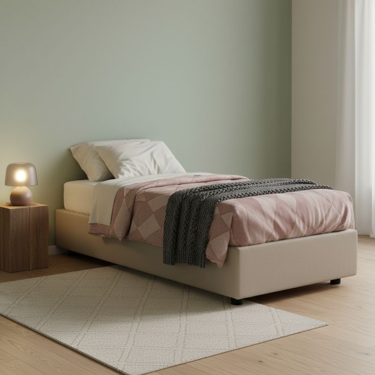 Letto una piazza contenitore tortora 95x205cm rivestito in ecopelle - Andros