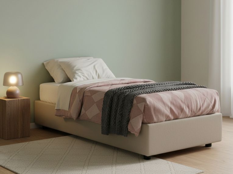 Letto una piazza contenitore tortora 95x205cm rivestito in ecopelle - Andros