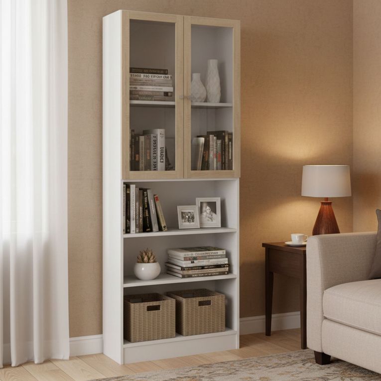 Libreria 2 ante bianca e quercia 79x203h cm - Chedeng