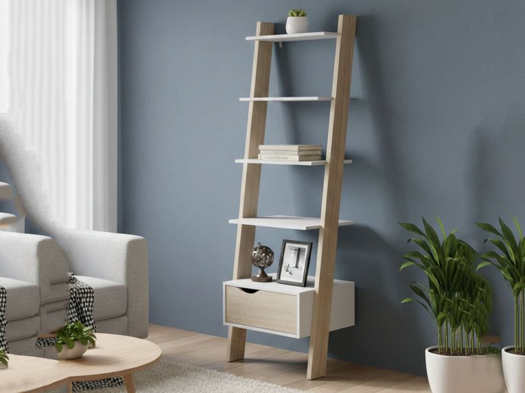 Libreria 4 ripiani bianca e quercia 55x180h cm - Acascia