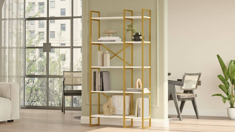 Libreria 5 ripiani bianca e oro 87x175h cm - Isla