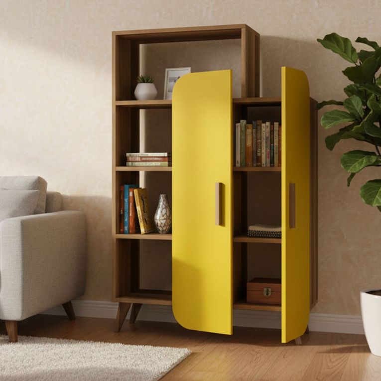 Libreria 5 ripiani noce e gialla 90x132h cm - Agni