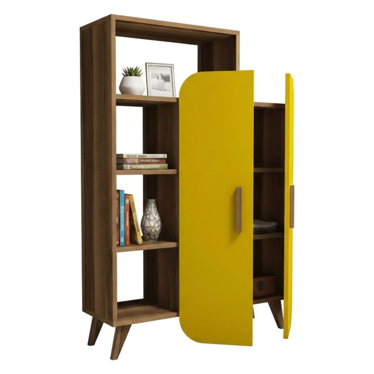 Libreria 5 ripiani noce e gialla 90x132h cm - Agni