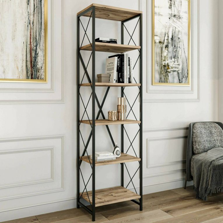 Libreria 5 ripiani quercia e nera 50x180h cm - Yara