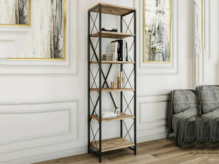 Libreria 5 ripiani quercia e nera 50x180h cm - Yara