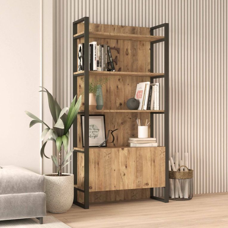 Libreria Acasta, Scaffale da ufficio, Mobile portalibri, Biblioteca, 90x34 h180 cm, Quercia