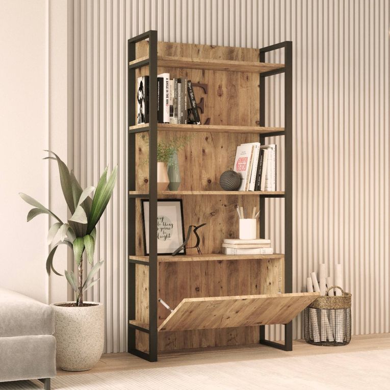 Libreria Acasta, Scaffale da ufficio, Mobile portalibri, Biblioteca, 90x34 h180 cm, Quercia