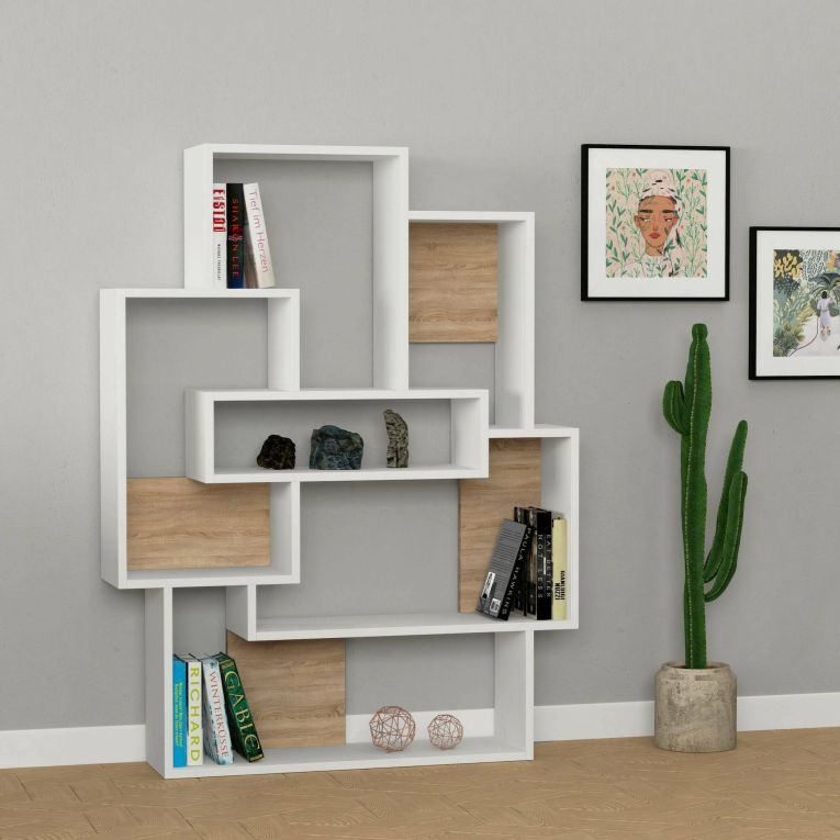 Libreria Aiyoku, Scaffale da ufficio, Mobile portalibri, Biblioteca, 101x22 h132 cm, Bianco e Quercia
