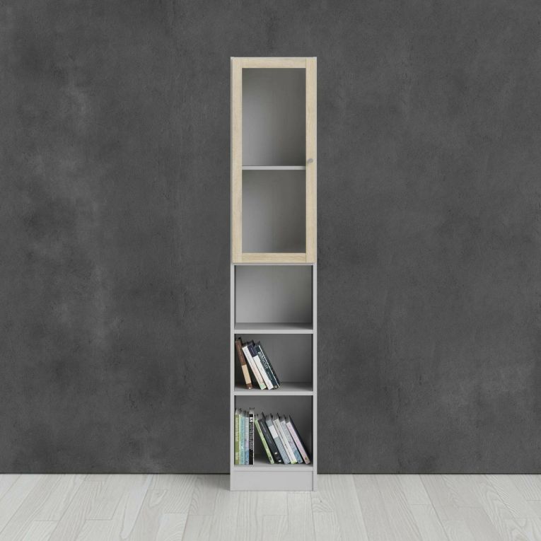 Libreria Alberte, Scaffale da ufficio, Mobile portalibri, Biblioteca, 28x41 h203 cm, Bianco e Quercia