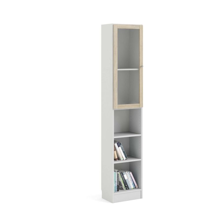 Libreria Alberte, Scaffale da ufficio, Mobile portalibri, Biblioteca, 28x41 h203 cm, Bianco e Quercia