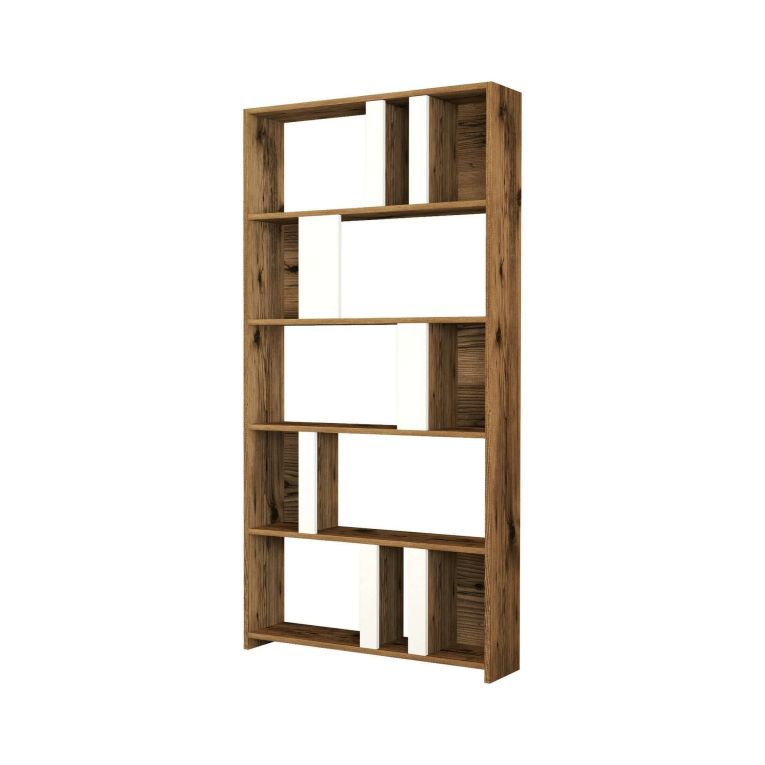 Libreria Algieba, Scaffale da ufficio, Mobile portalibri, Biblioteca, 90x20h180 cm, Noce e Bianco