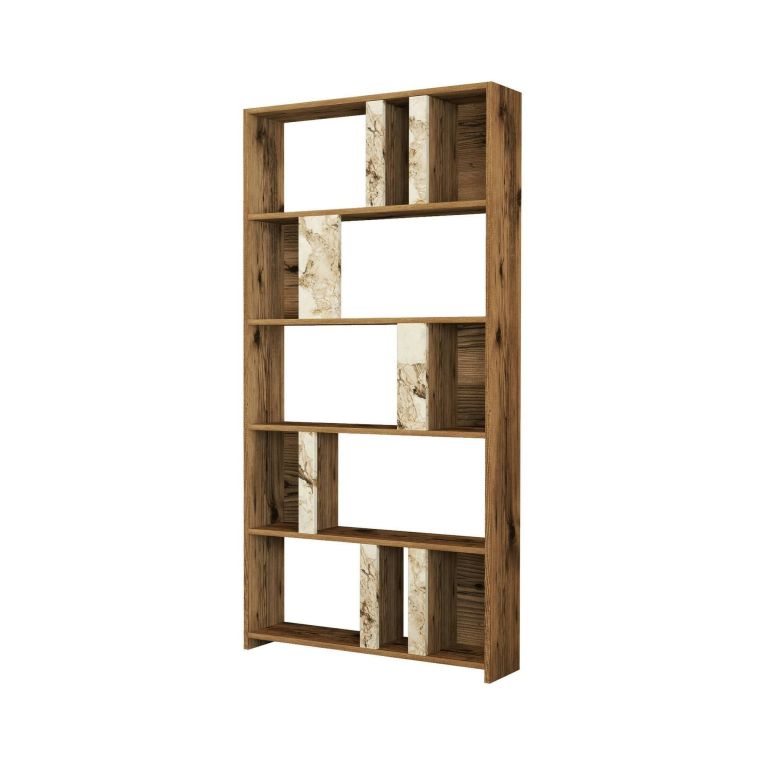 Libreria Algieba, Scaffale da ufficio, Mobile portalibri, Biblioteca, 90x20h180 cm, Noce e Bianco Marmo