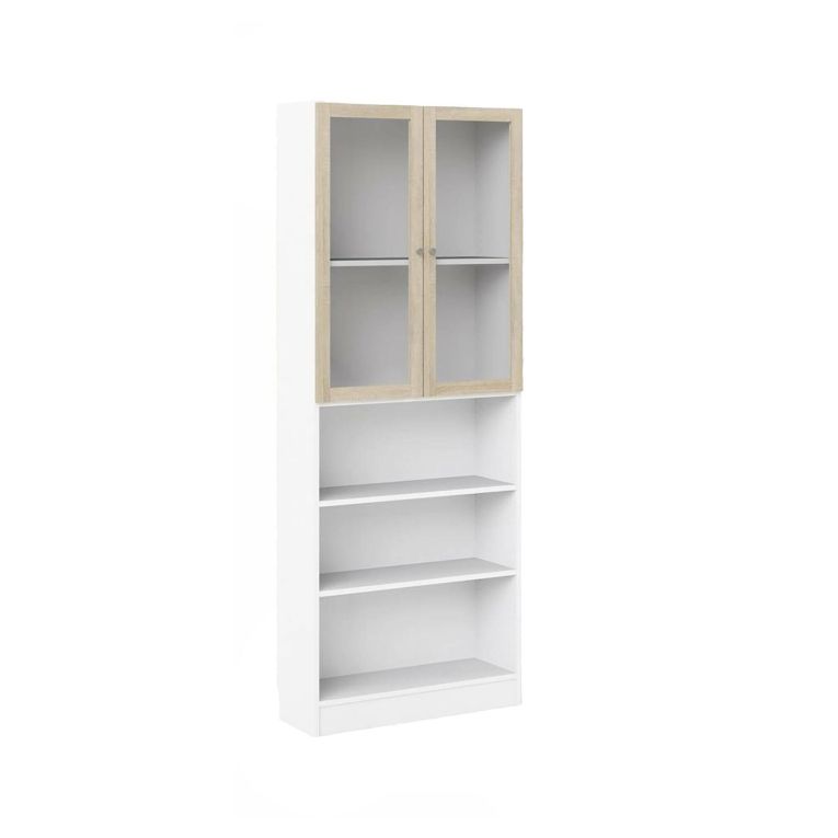 Libreria Alixane, Scaffale da ufficio, Mobile portalibri, Biblioteca, 28x79 h203 cm, Bianco e Quercia