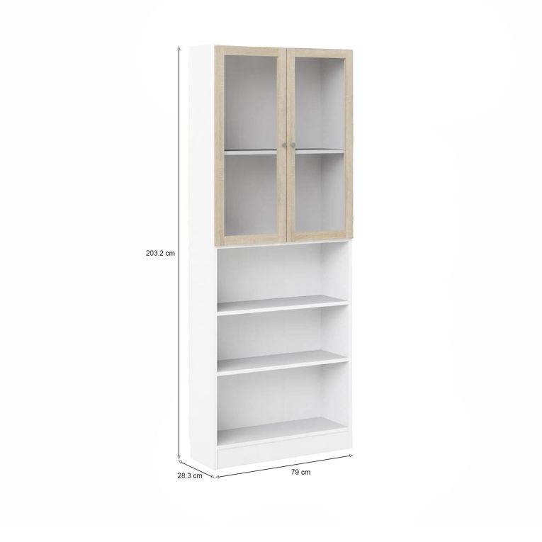 Libreria Alixane, Scaffale da ufficio, Mobile portalibri, Biblioteca, 28x79 h203 cm, Bianco e Quercia