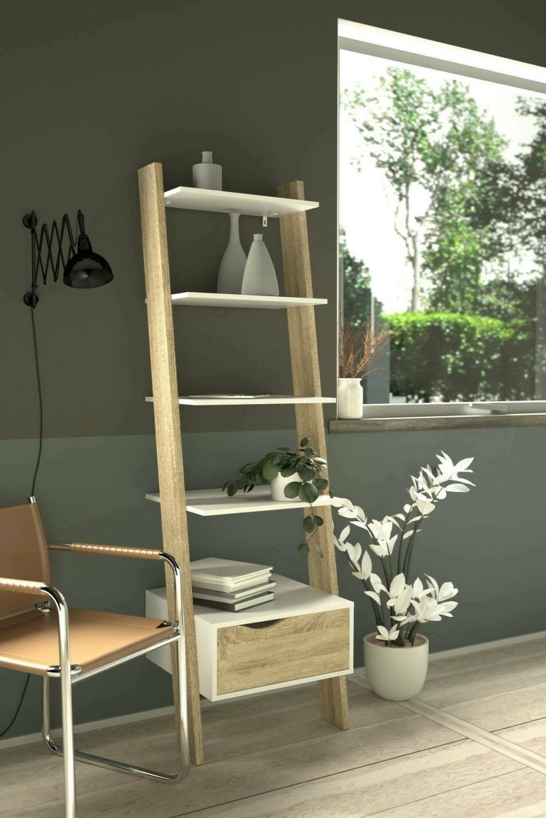 Libreria Angeline, Scaffale da ufficio, Mobile portalibri, Biblioteca, 55x48 h180 cm, Bianco e Quercia