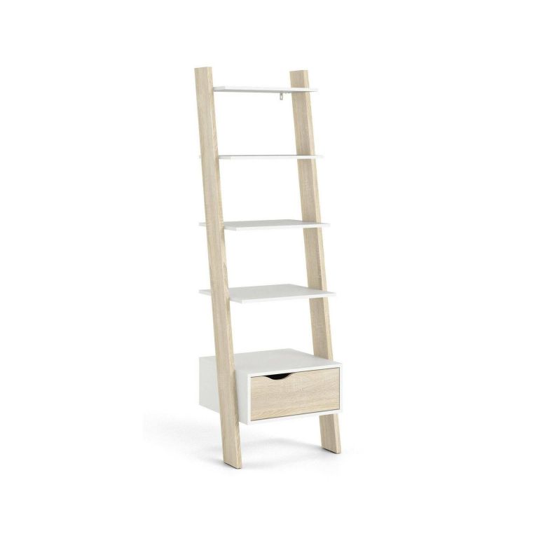 Libreria Angeline, Scaffale da ufficio, Mobile portalibri, Biblioteca, 55x48 h180 cm, Bianco e Quercia