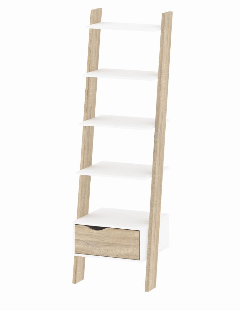 Libreria Angeline, Scaffale da ufficio, Mobile portalibri, Biblioteca, 55x48 h180 cm, Bianco e Quercia