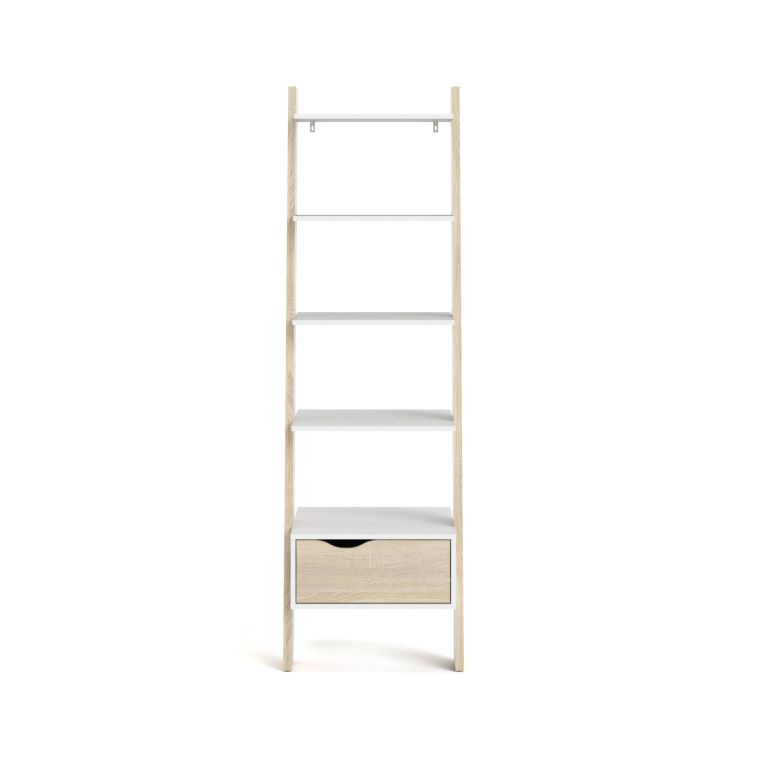 Libreria Angeline, Scaffale da ufficio, Mobile portalibri, Biblioteca, 55x48 h180 cm, Bianco e Quercia