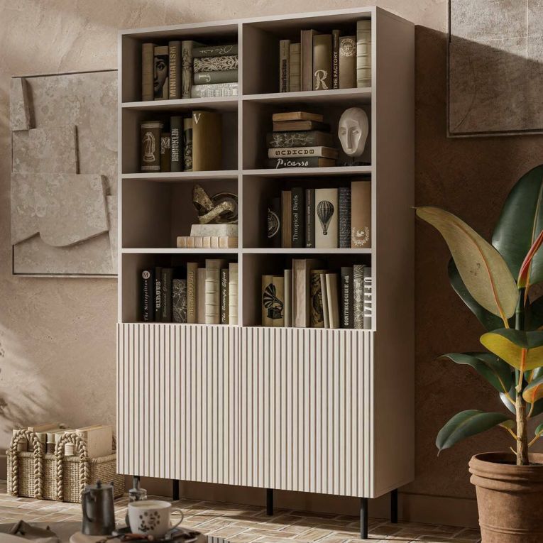 Libreria Beige Cashmere Nero un Ripiano Piedini Neri 100x42x177h cm, 2 Ante - Ghilarza