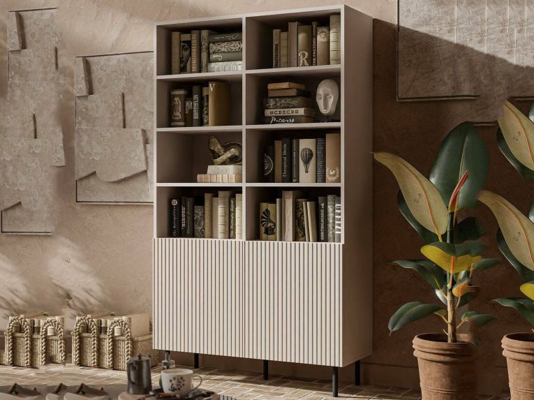 Libreria Beige Cashmere Nero un Ripiano Piedini Neri 100x42x177h cm, 2 Ante - Ghilarza