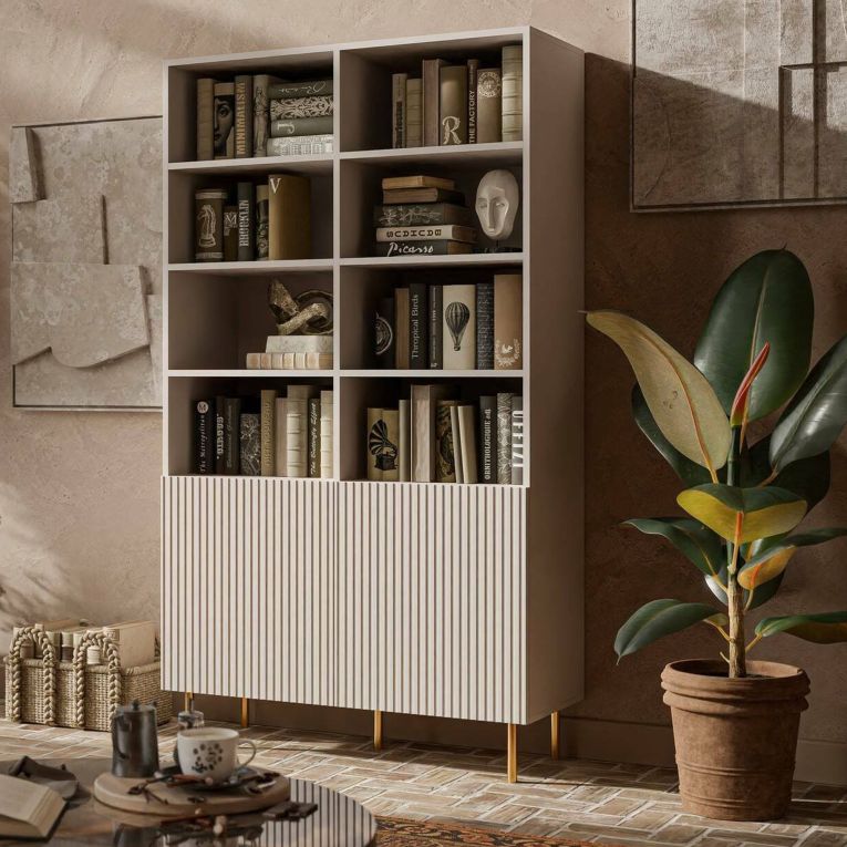 Libreria Beige Cashmere oro un Ripiano Piedini oro 100x42x177h cm, 2 Ante - Maierato