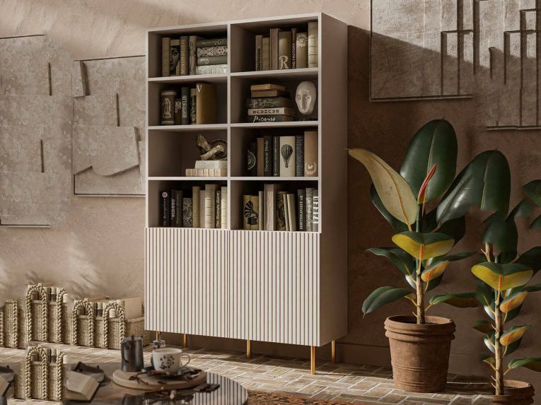 Libreria Beige Cashmere oro un Ripiano Piedini oro 100x42x177h cm, 2 Ante - Maierato