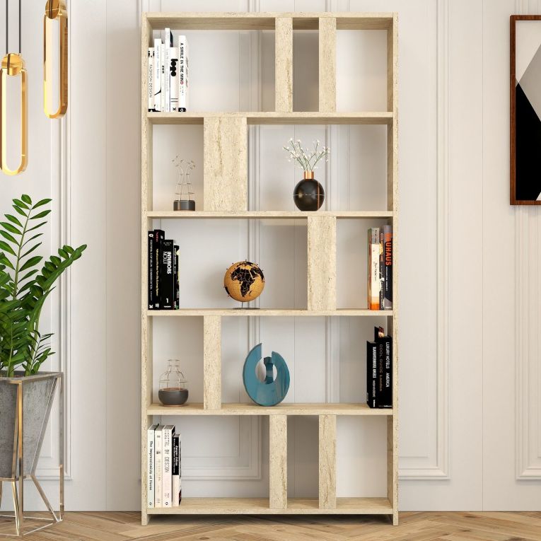 Libreria Beige Marmo 4 Ripiani Installazione Libera 90x20x180h cm, Struttura Verticale - Tribogna