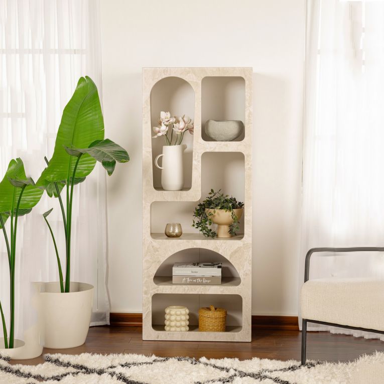 Libreria Beige Marmo 6 Ripiani 6 Vani 60x32x150h cm, Peso Supportato 45 kg - Arsenion