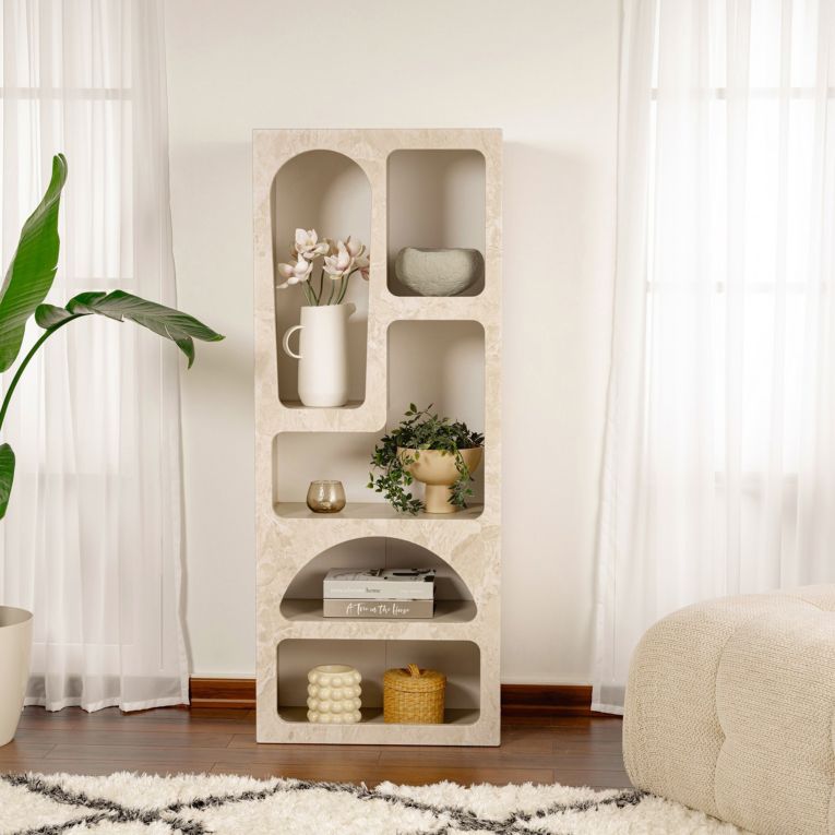 Libreria Beige Marmo 6 Ripiani 6 Vani 60x32x150h cm, Peso Supportato 45 kg - Arsenion