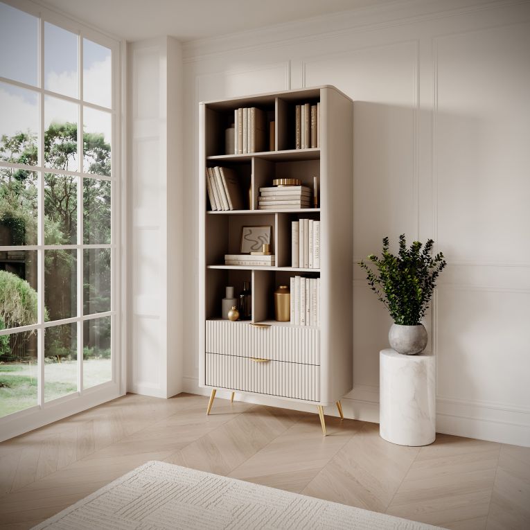 Libreria Beige oro 2 Cassetti 4 Ripiani 88x38x194h cm, con Piedini - Kabavasi