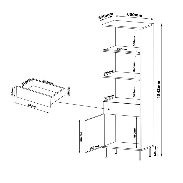 Libreria Beige un Cassetto 3 Ripiani 60x39x184h cm, con Piedini in Metallo - Pioraco