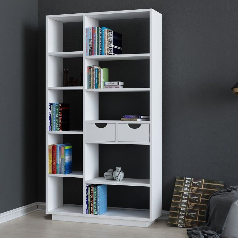 Libreria Bianco 8 Ripiani 2 Cassetti 80x25x189h cm, Installazione Libera - Imer